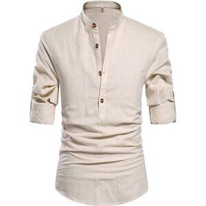 Men's Henley Neck Long Sleeve Daily Look Linen Shirts
